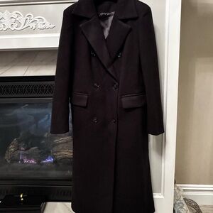 Black Double Breasted Button Long Overcoat Formal Lined Solid Size S